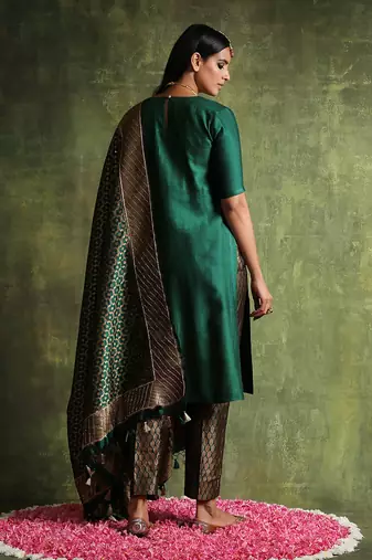 Pine green moonga silk kurta set