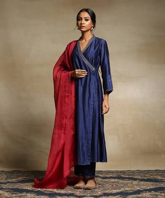 Deep blue chanderi angrakha set 1