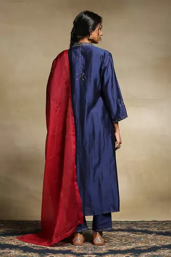 Deep blue chanderi angrakha set