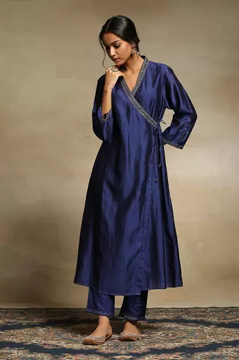 Deep blue chanderi angrakha set