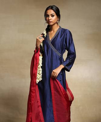 Deep blue chanderi angrakha set 4