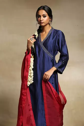 Deep blue chanderi angrakha set