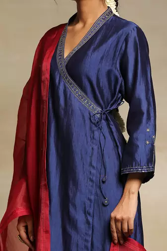 Deep blue chanderi angrakha set