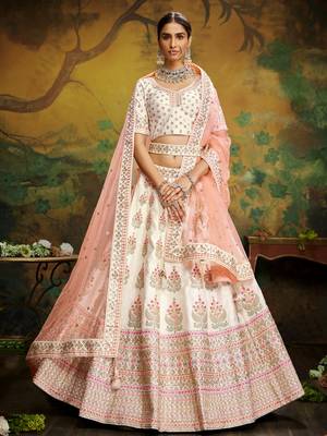 Off White Pure Silk Moti & Zarkan heavy embroidery Semi-Stitched Lehenga choli & Dupatta 1
