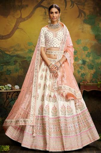 Off White Pure Silk Moti & Zarkan heavy embroidery Semi-Stitched Lehenga choli & Dupatta