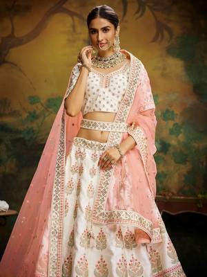 Off White Pure Silk Moti & Zarkan heavy embroidery Semi-Stitched Lehenga choli & Dupatta 2
