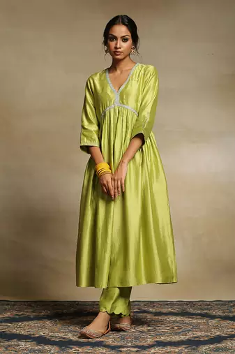 Lime green handloom chanderi kurta set