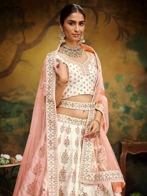 Off White Pure Silk Moti & Zarkan heavy embroidery Semi-Stitched Lehenga choli & Dupatta 3