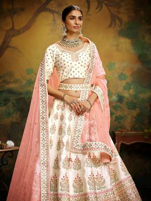 Off White Pure Silk Moti & Zarkan heavy embroidery Semi-Stitched Lehenga choli & Dupatta 4
