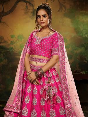 Pink Pure Silk Moti & Zarkan heavy embroidery Semi-Stitched Lehenga choli & Dupatta 2
