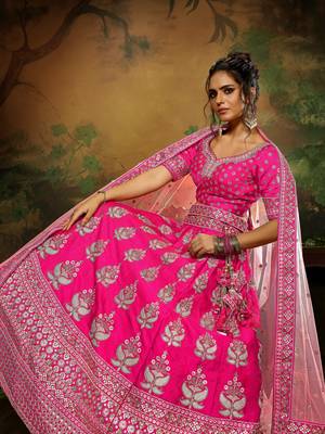 Pink Pure Silk Moti & Zarkan heavy embroidery Semi-Stitched Lehenga choli & Dupatta 3