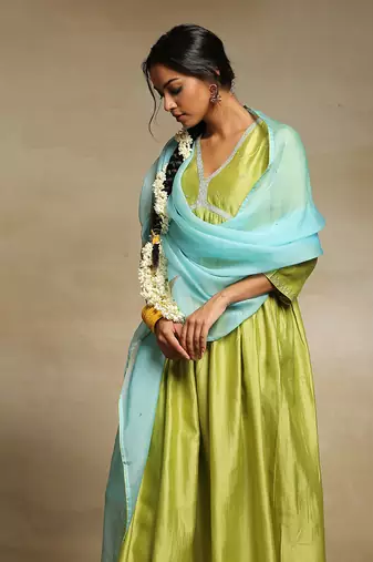 Lime green handloom chanderi kurta set