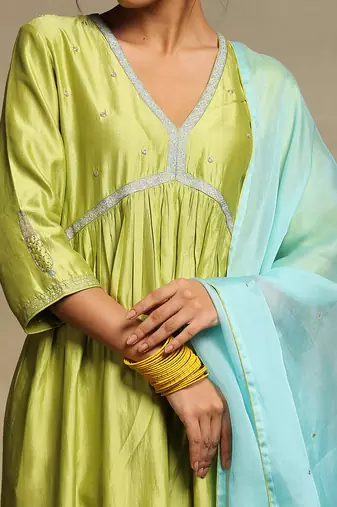Lime green handloom chanderi kurta set