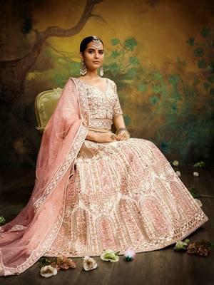 Off White Pure Silk Moti & Zarkan heavy embroidery Semi-Stitched Lehenga choli & Dupatta 1