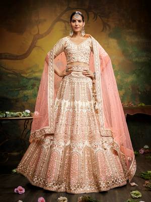 Off White Pure Silk Moti & Zarkan heavy embroidery Semi-Stitched Lehenga choli & Dupatta 3