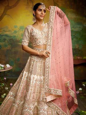 Off White Pure Silk Moti & Zarkan heavy embroidery Semi-Stitched Lehenga choli & Dupatta 4