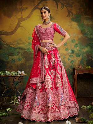 Red Pure Silk Moti & Zarkan heavy embroidery Semi-Stitched Lehenga choli & Dupatta 4