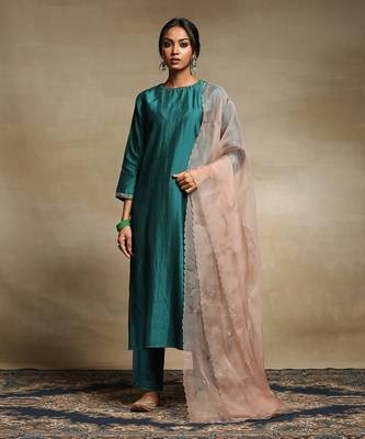 Teal chanderi kurta set 1