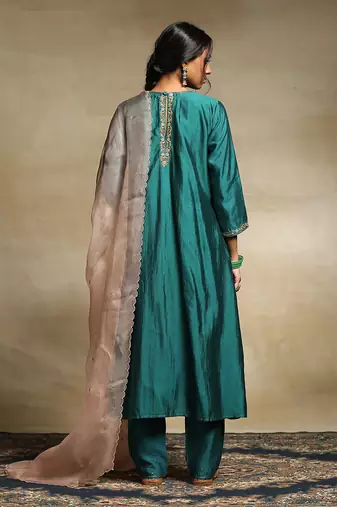 Teal chanderi kurta set