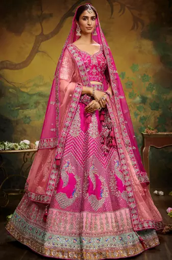 Pink Pure Silk Moti & Zarkan heavy embroidery Semi-Stitched Lehenga choli & Dupatta