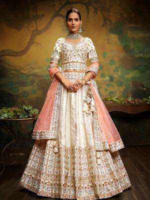Off White Pure Silk Moti & Zarkan heavy embroidery Semi-Stitched Lehenga choli & Dupatta 1