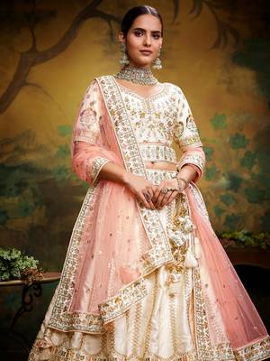 Off White Pure Silk Moti & Zarkan heavy embroidery Semi-Stitched Lehenga choli & Dupatta 2