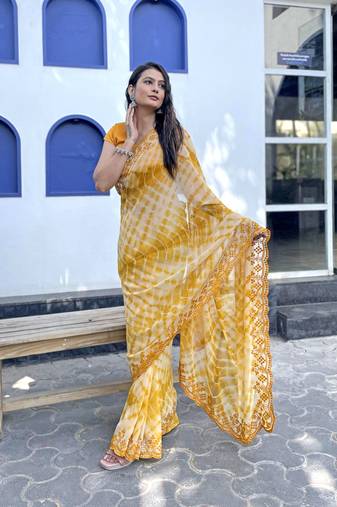 Sutram printed mustard daily wear 5.5 meter saree with 0.8 meter unstitch blouse piece