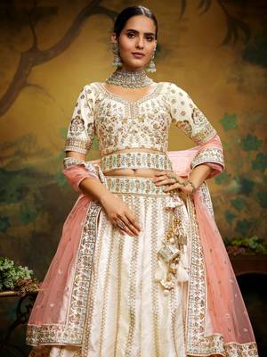 Off White Pure Silk Moti & Zarkan heavy embroidery Semi-Stitched Lehenga choli & Dupatta 3
