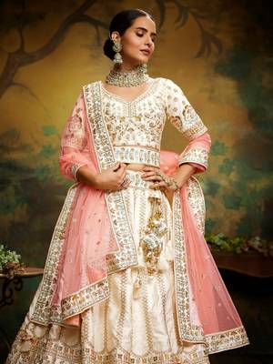 Off White Pure Silk Moti & Zarkan heavy embroidery Semi-Stitched Lehenga choli & Dupatta 4
