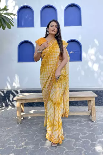 Sutram printed mustard daily wear 5.5 meter saree with 0.8 meter unstitch blouse piece