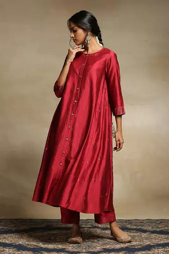 Deep red handloom pure chanderi kurta set