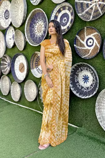 Sutram printed mustard daily wear 5.5 meter saree with 0.8 meter unstitch blouse piece
