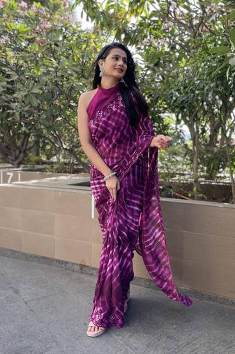 Sutram Printed Purple Daily Wear 5.5 Meter Saree With 0.8 Meter Unstitch Blouse Piece