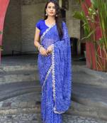 Sutram Printed Blue Daily Wear 5.5 Meter Saree With 0.8 Meter Unstitch Blouse Piece