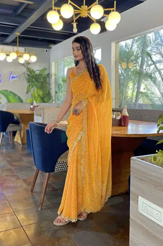 Sutram Printed Mustard Daily Wear 5.5 Meter Saree With 0.8 Meter Unstitch Blouse Piece