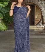 Sutram Printed Navy Blue Daily Wear 5.5 Meter Saree With 0.8 Meter Unstitch Blouse Piece