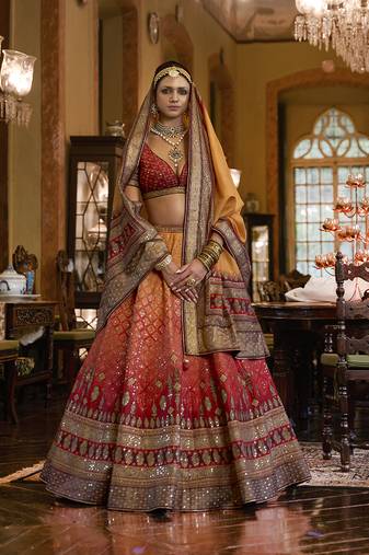 Red and Yellow Silk Sequins Work Lehenga