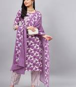 Winered women purple floral gota detailed neck kurta set with dupatta