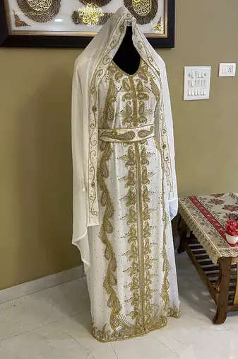 Grand White & Gold Layered Moroccan Kaftan Gown | Luxury Bridal & Event Dress
