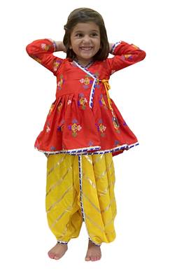 Aglare Krishna..Embroidered Angrakha Top ,kedia dress for Janmashtami and Navratri.BOY AND GIRL.Red yellow. 1
