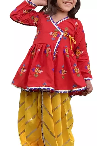 Aglare Krishna..Embroidered Angrakha Top ,kedia dress for Janmashtami and Navratri.BOY AND GIRL.Red yellow.