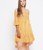 Winered women yellow striped smocking off-shoulder dress