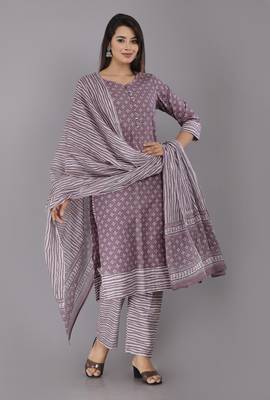 Purple Cotton Hand Printed Salwar Suit Stitched 1