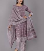 Purple Cotton Hand Printed Salwar Suit Stitched