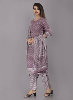 Purple Cotton Hand Printed Salwar Suit Stitched 2