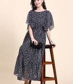 Fit & flared ruffled georgette butterfly sleeve maxi dress