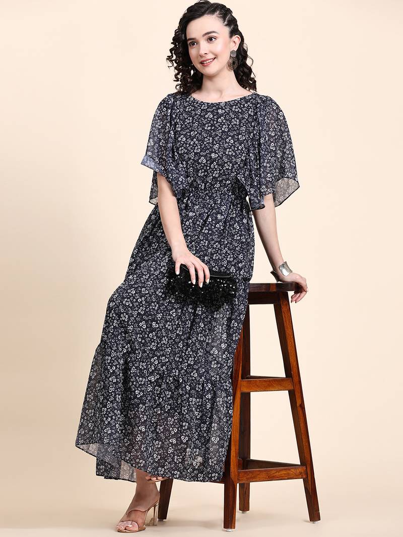 Fit & flared ruffled georgette butterfly sleeve maxi dress