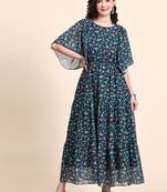 Fit & flared ruffled georgette butterfly sleeve maxi dress