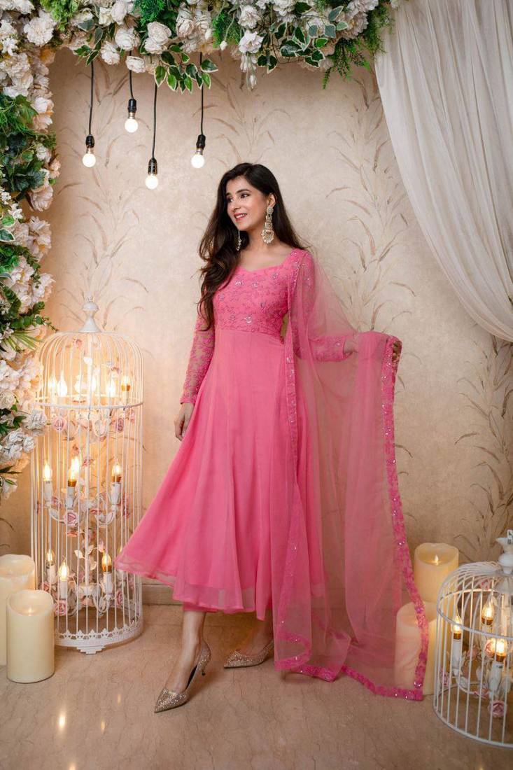 Pink Anarkalin Kurti With Embroidery Work
