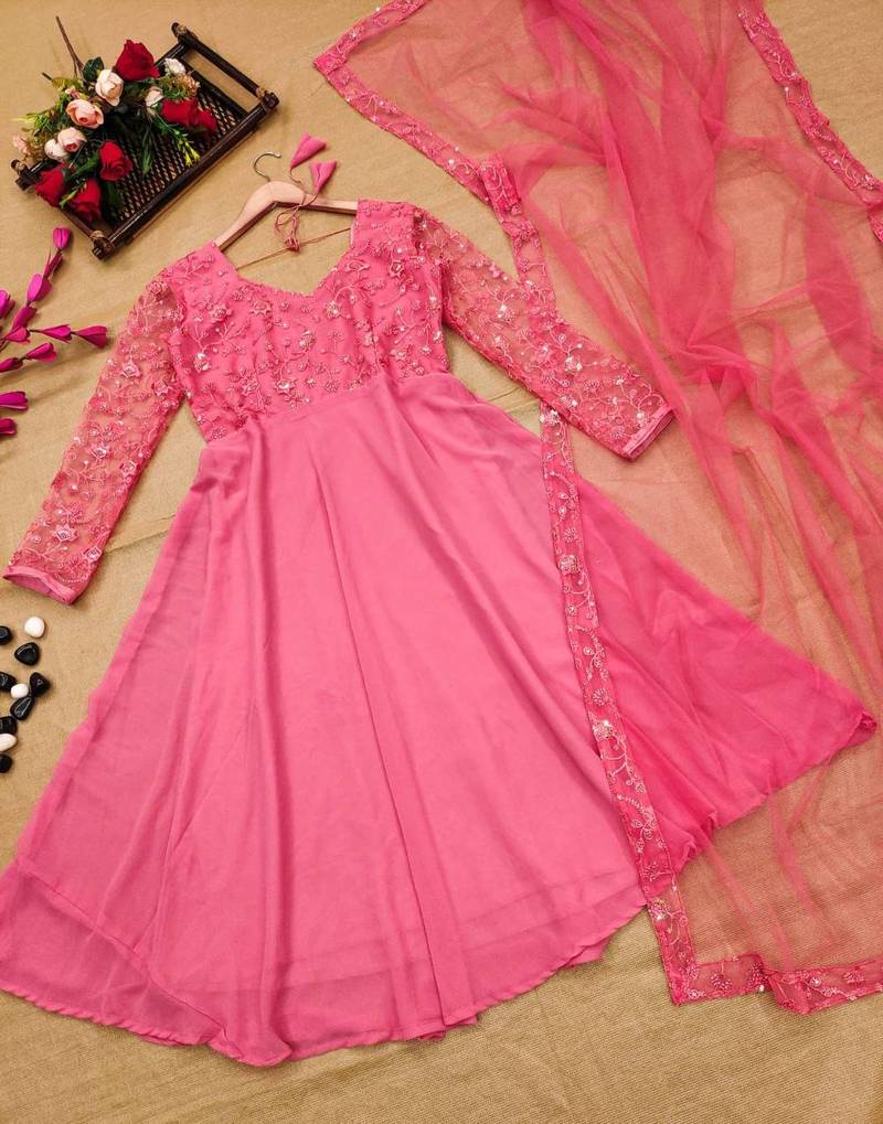 Pink Anarkalin Kurti With Embroidery Work